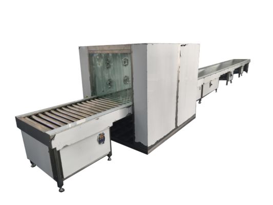 Con un transportador de rodillos accionado, la ducha de aire pasa a través de la caja.