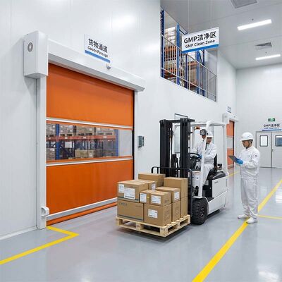 Puerta rodante de alta velocidad resistente al fuego con ventana de PVC de 1,2 mm y velocidad ajustable de 0,6-2,5 m/s