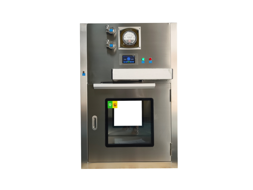 Caja de pases de flujo laminar de puerta automática. Transferencia sin contacto HEPA filtrada para zonas críticas.