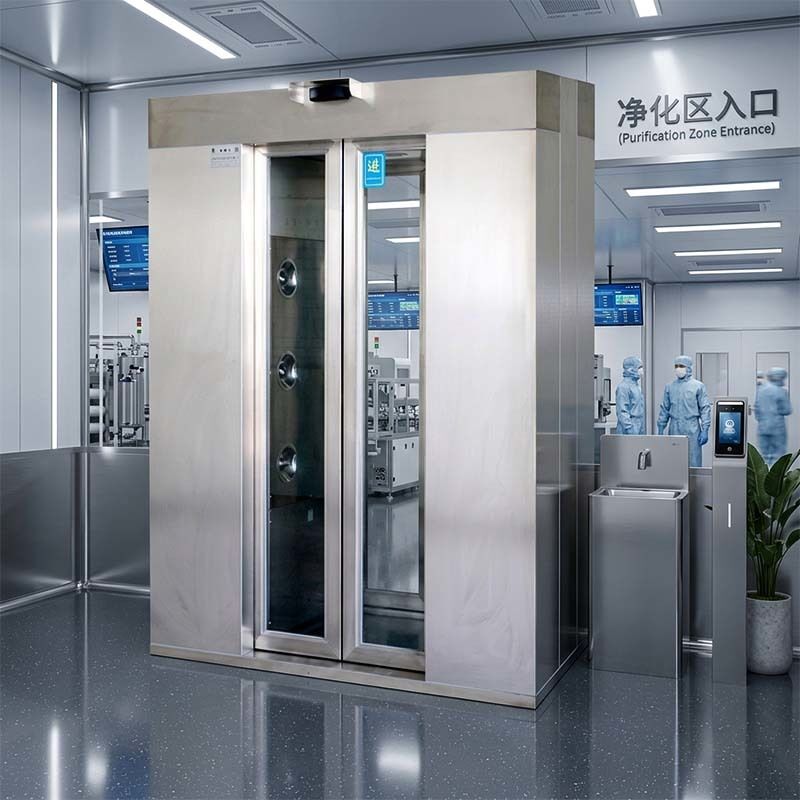 Ducha de aire para dos personas con certificación ISO. Puerta automática y 201 de acero inoxidable. 1600x1500x2100 mm de flujo de aire rápido.