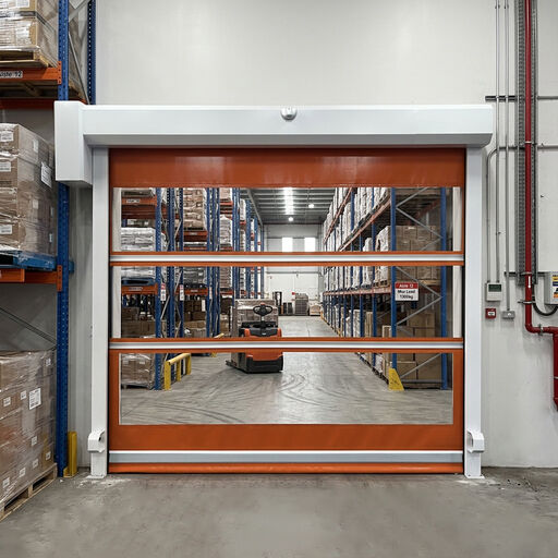 Puerta rodante de alta velocidad de alta visibilidad eficiente en energía con certificación DIN 75200 para almacenes y fábricas